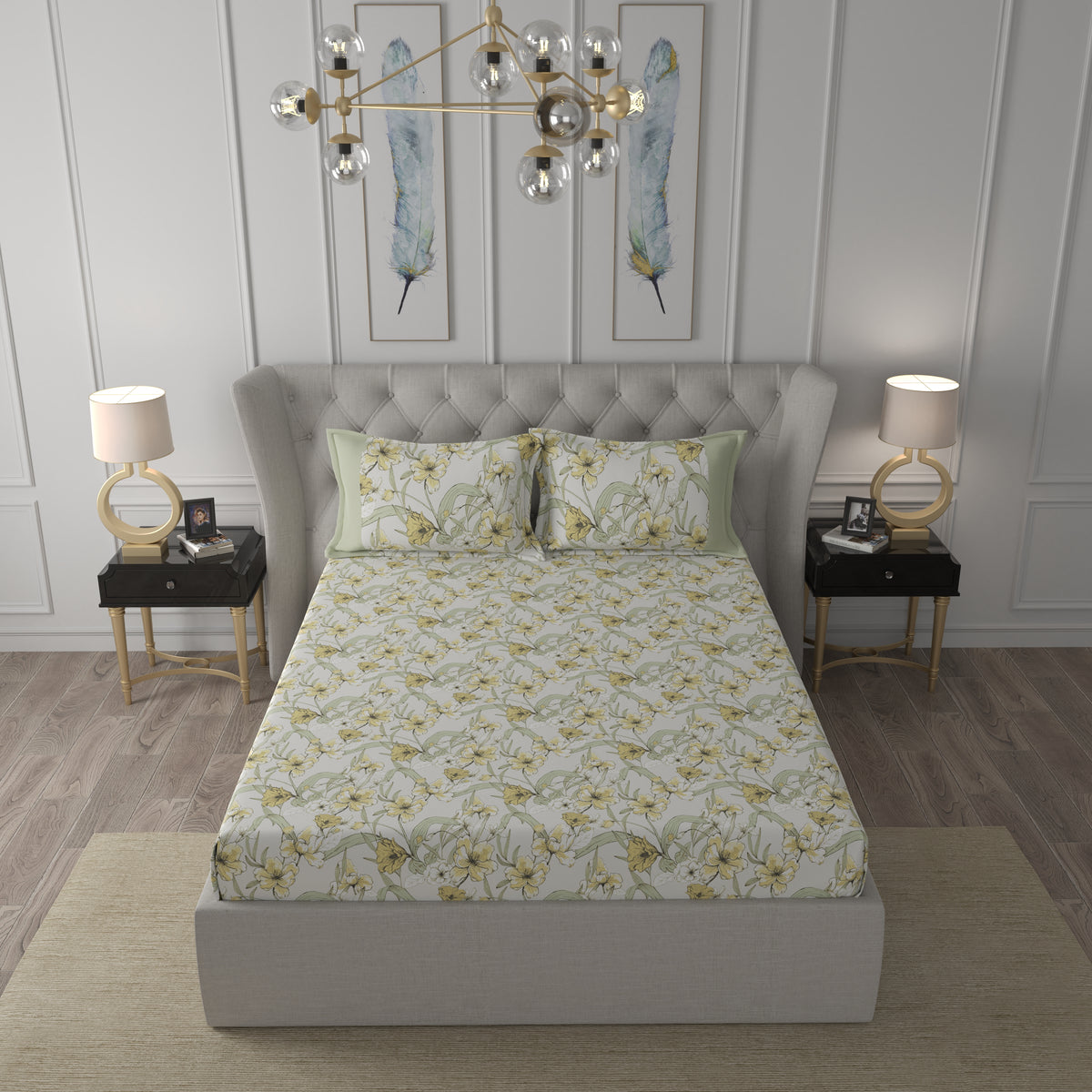 Tranquil Serenity Valencia 100%Cotton Printed Bed Sheet with Pillow Case Yellow