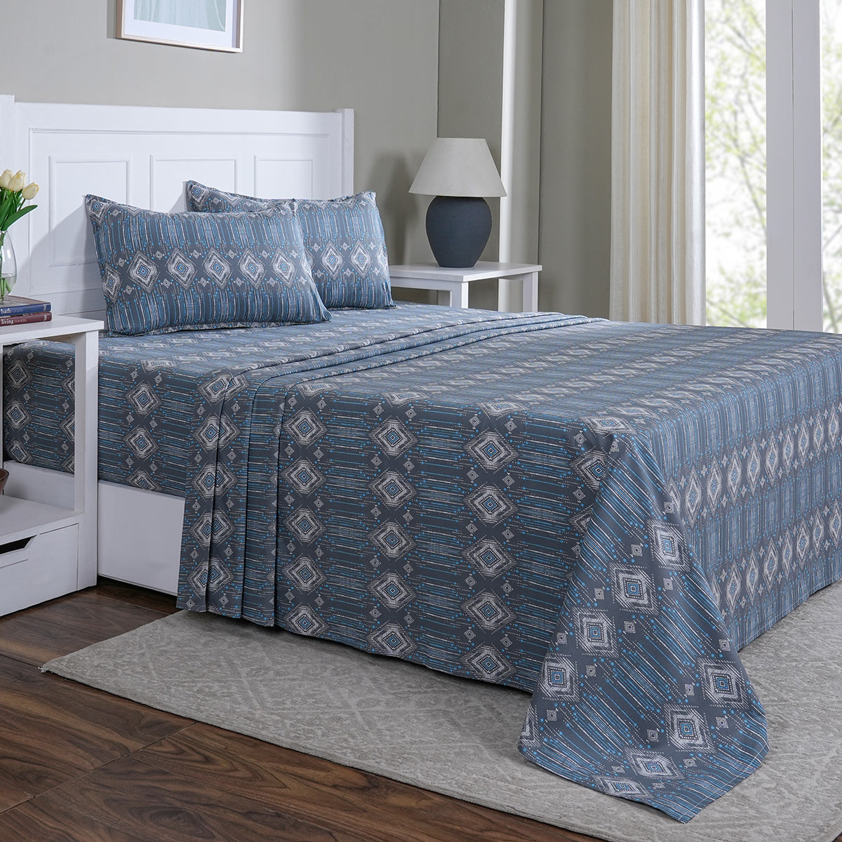 Hermosa Sensory Bloom 100% Cotton Printed Bed Sheet with Pillow Case Blue