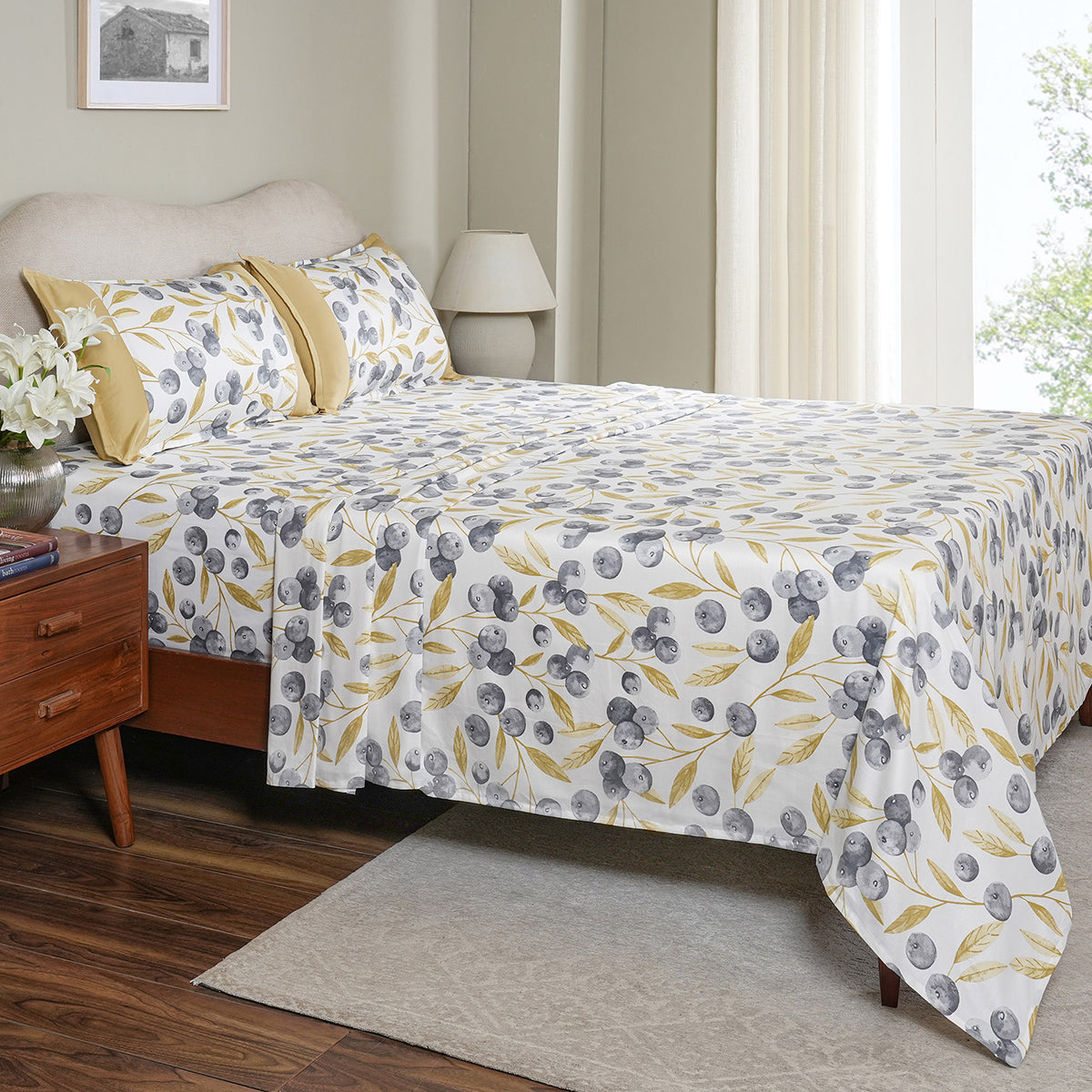 Sensory Bloom Myrtille 100% Cotton Mustard Bed Sheet with Pillow Case