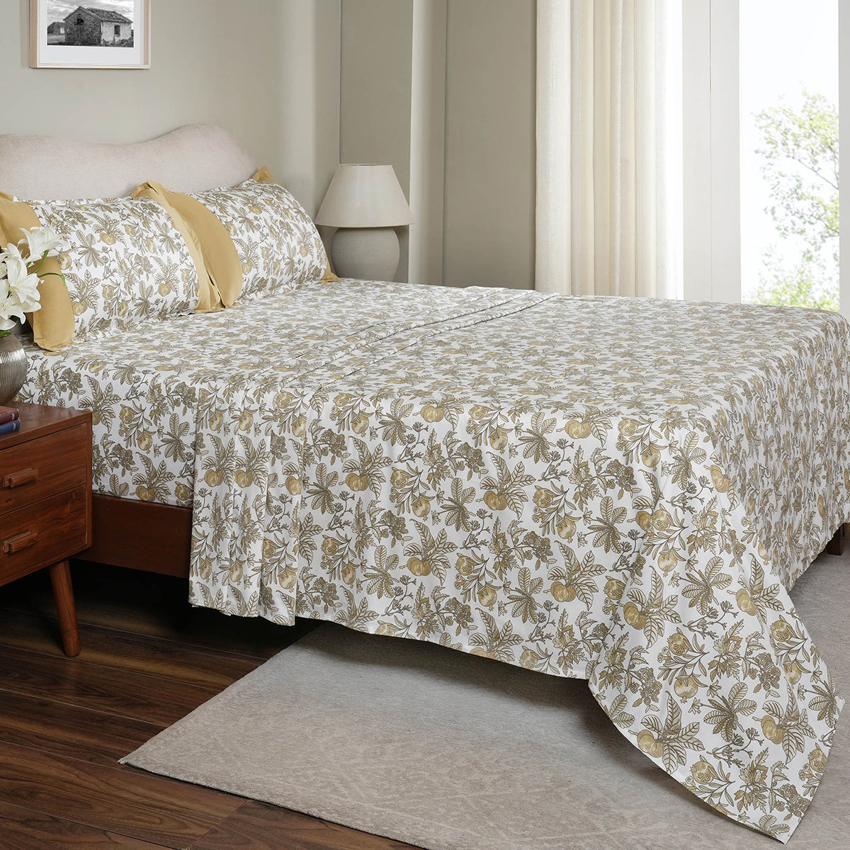 Sensory Bloom Fruity Foliage Mustard Bed Sheet with Pillow Case