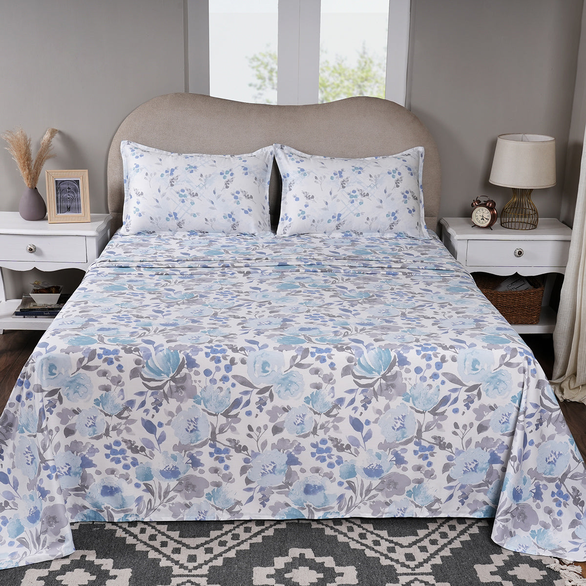 Sensory Bloom Florencia 100% Cotton Blue Bed Sheet with Pillow Case