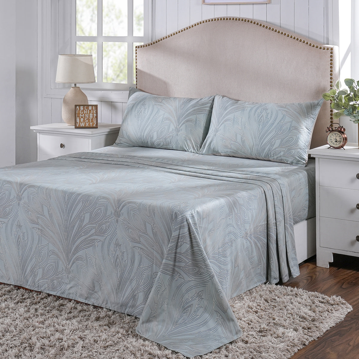 Classical Ornate Baroque Feathering Bed Sheet with Pillow Case Blue