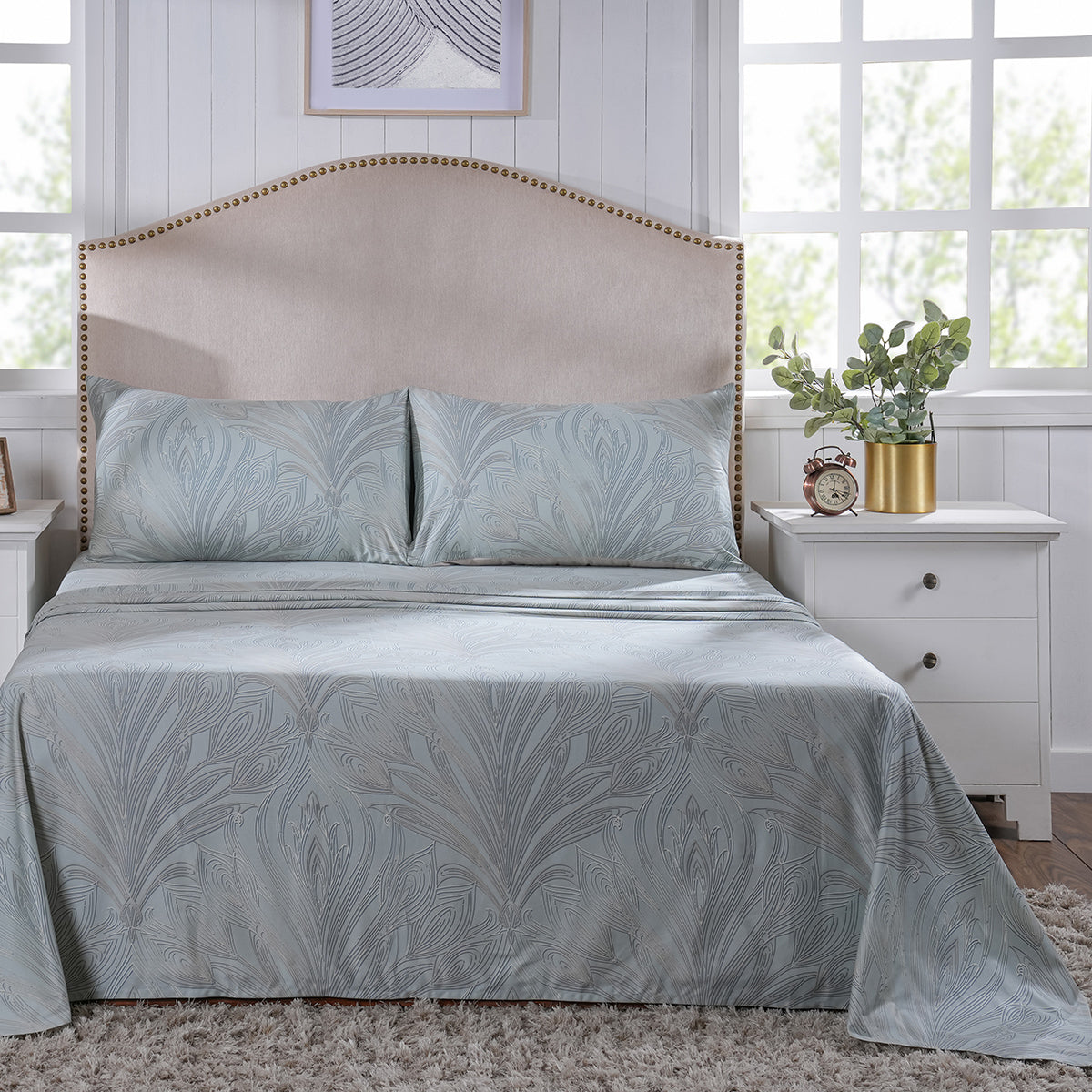Classical Ornate Baroque Feathering Bed Sheet with Pillow Case Blue