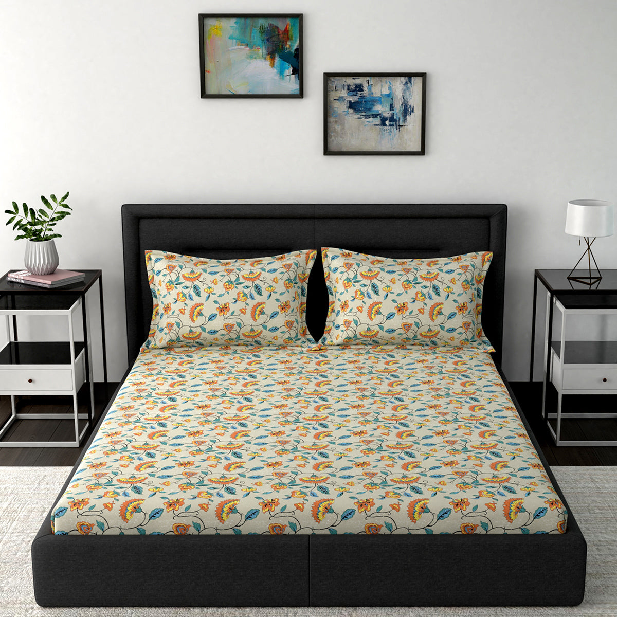 Modern Sanctuary Boho Floral Printed 144 TC 100% Cotton Orange Bed Sheet with Pillow Case