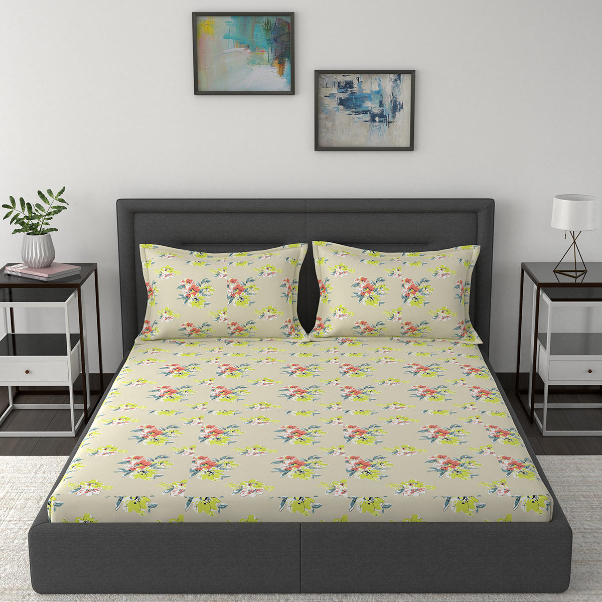 Modern Sanctuary Floral Banquet Printed 200 TC 100% Cotton Beige Bed Sheet with Pillow Case