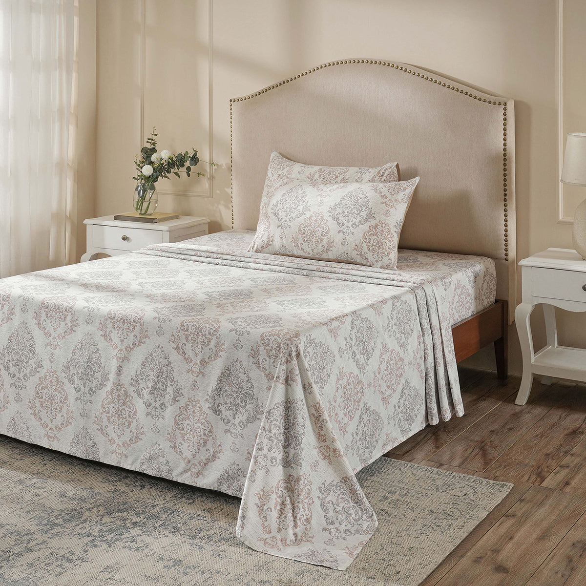 PBS Timeless Ornare 100% Cotton Bed Sheet with Pillow Case Tan