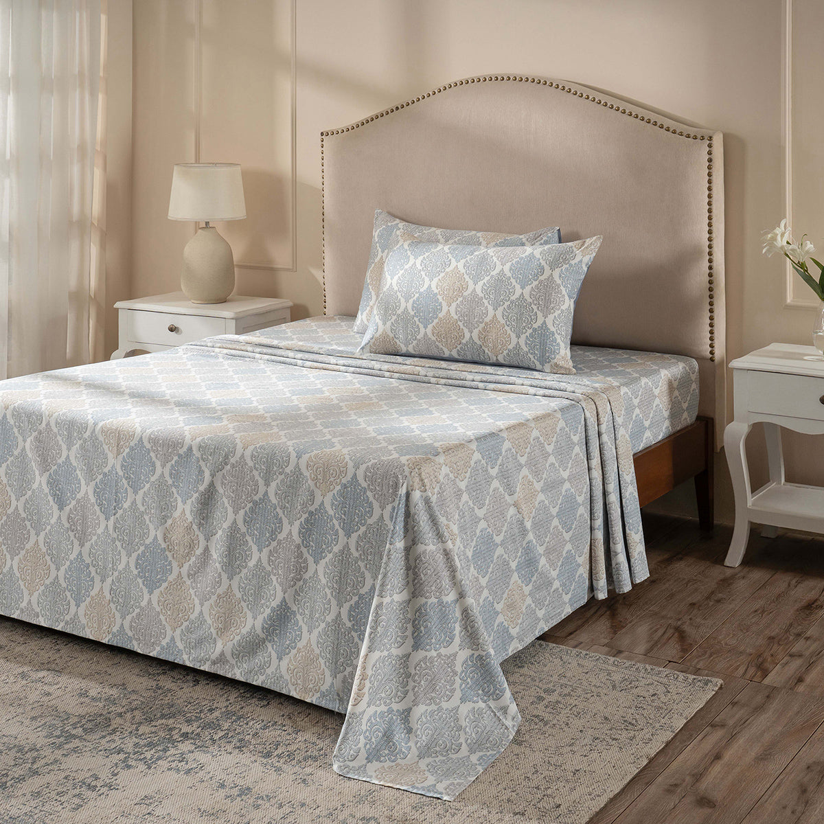 PBS Timeless Ornare 100% Cotton Bed Sheet with Pillow Case Blue