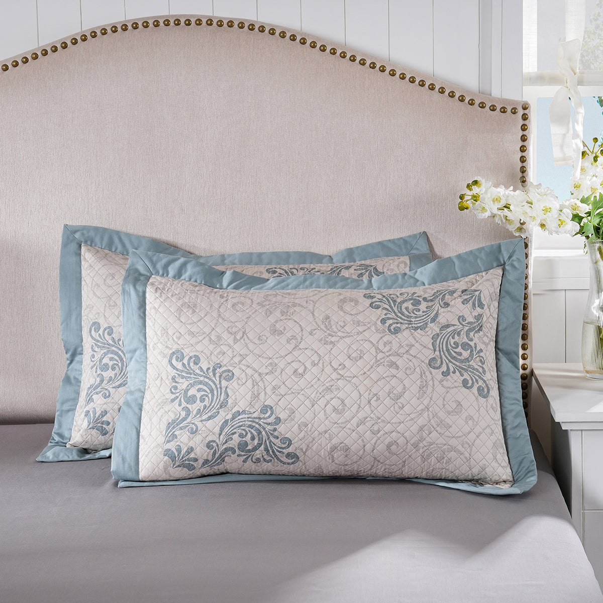 Classical Ornate Seamless Scroll Pillow Sham Set Aqua