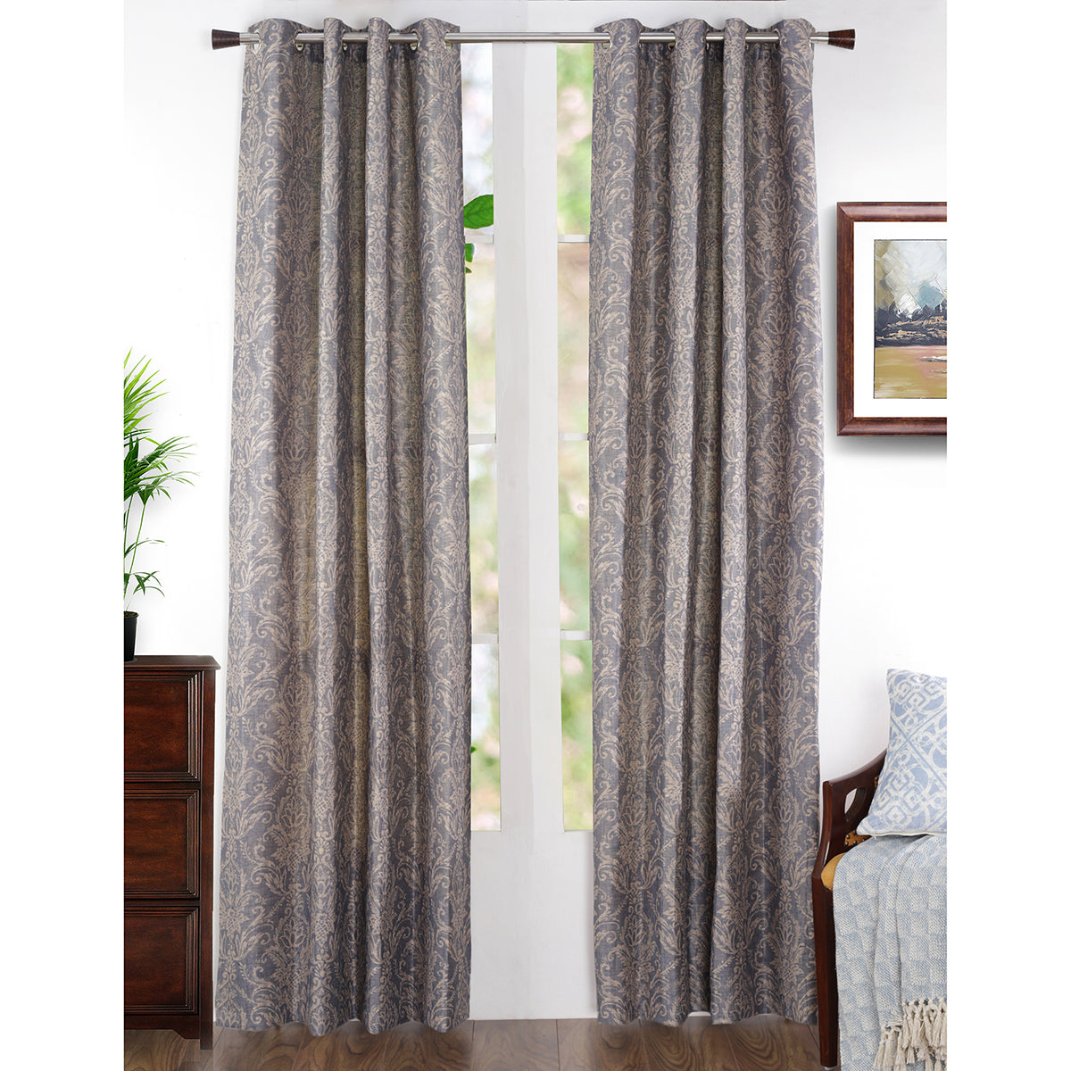 Paradise Damask Jacquard Blue Curtain Set