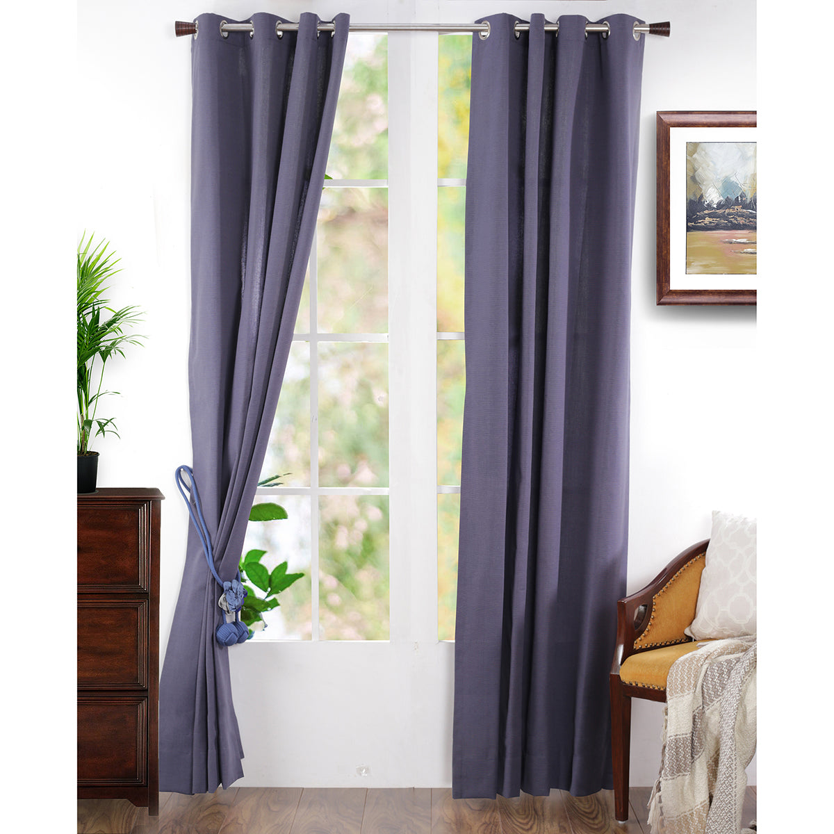 Two Color Rib Woven Long Door Curtain Set
