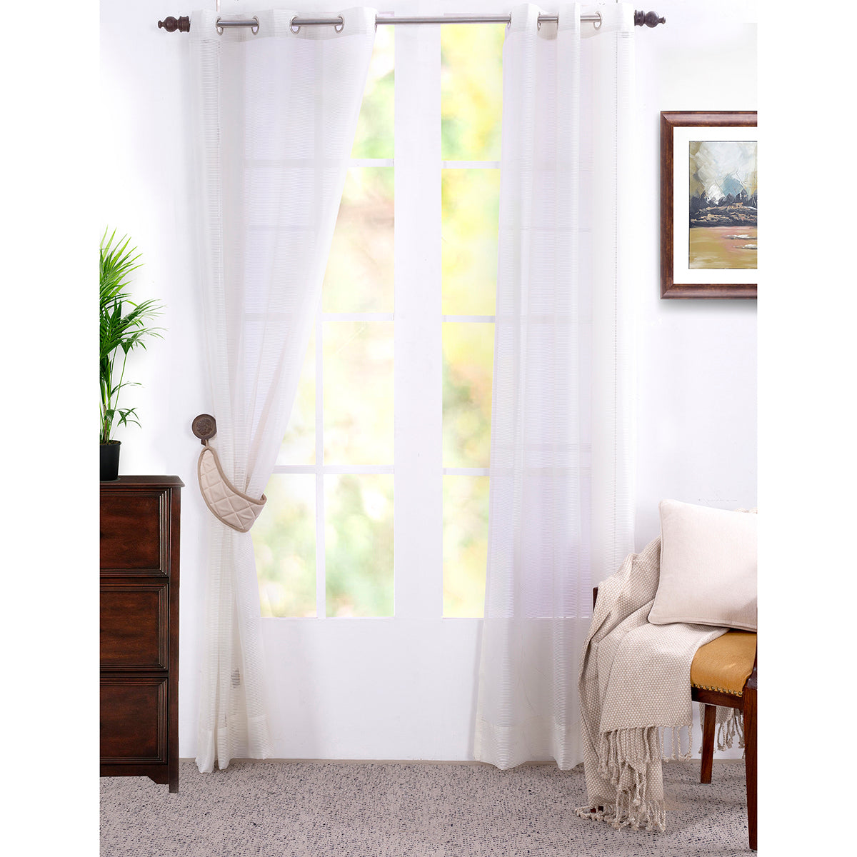 Sight Stripe Solid 2PC Beige Curtain Set