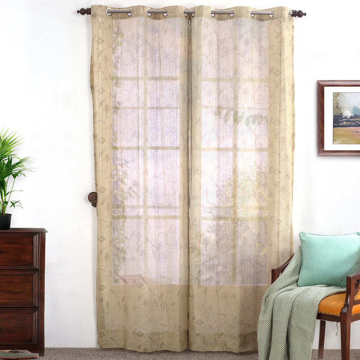 Sicilian Stripe Solid 2PC Beige Curtain Set