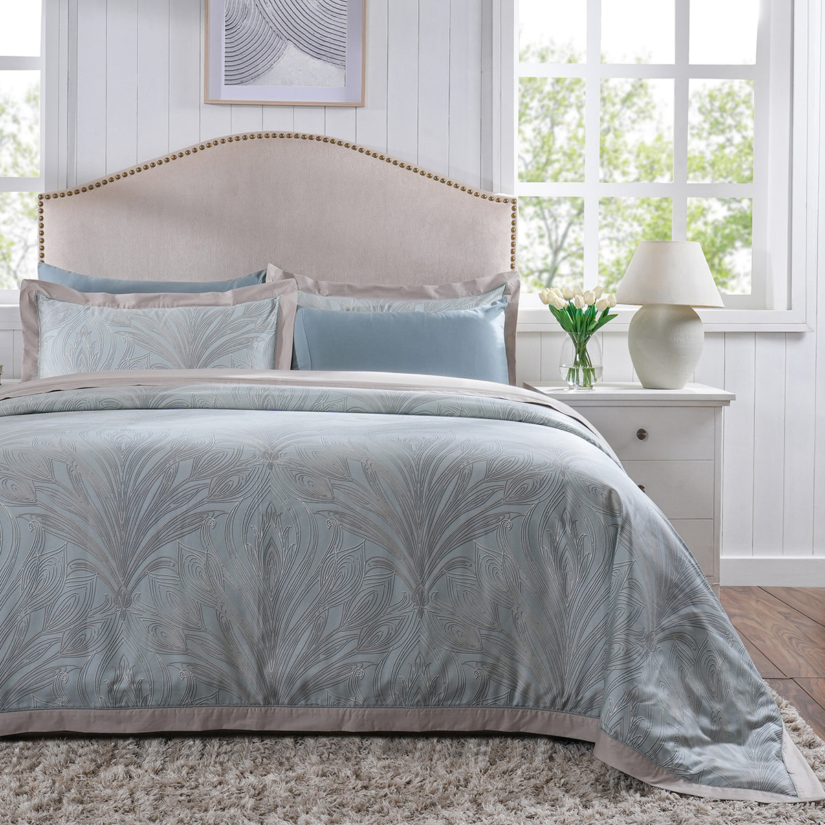 Classical Ornate Baroque Feathering Duvet Cover with Pillow Case Blue