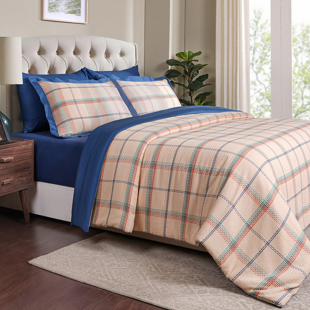 Eclectic Geo Mosaic Plaid Woven 100% Cotton Blue Duvet Cover with Pillow Case