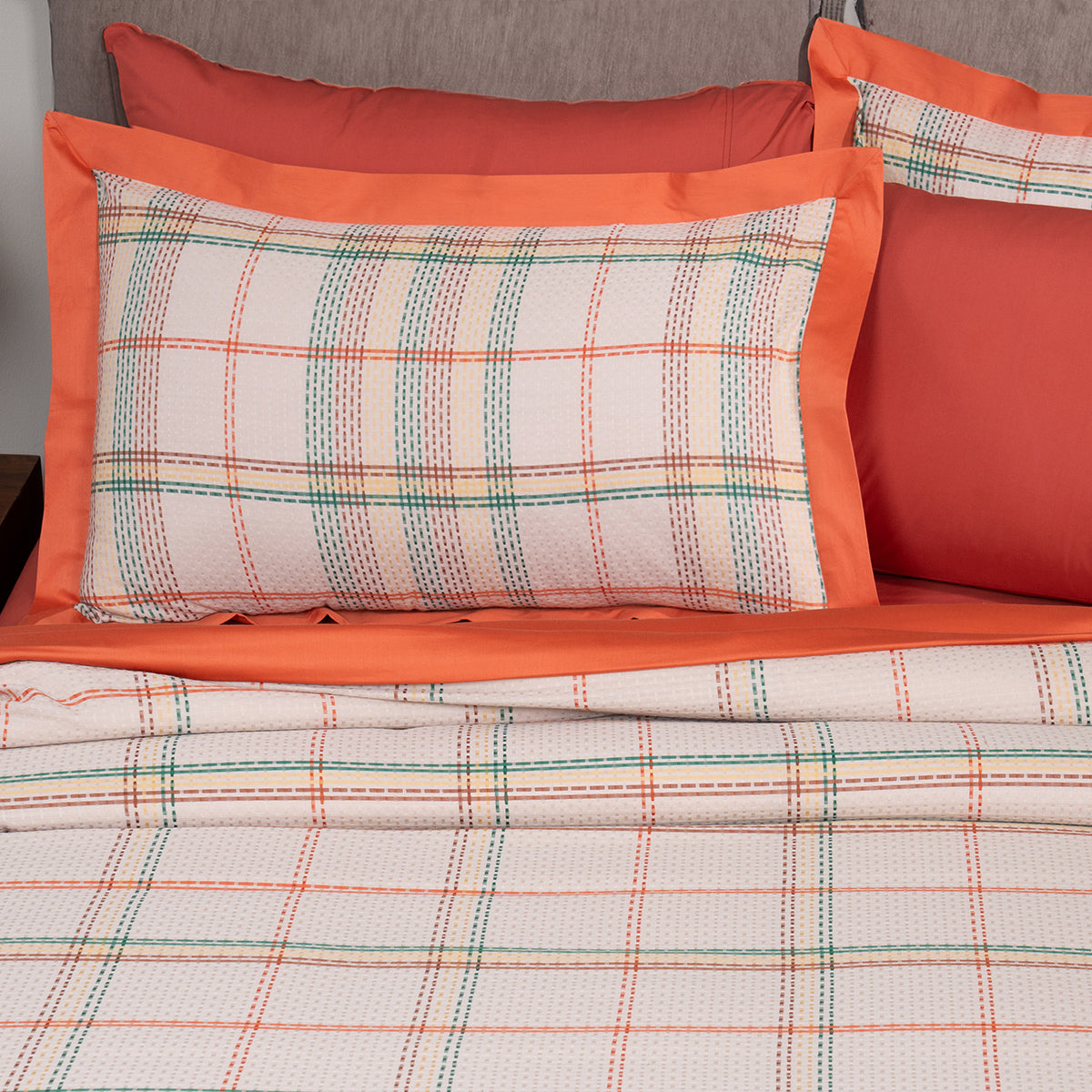 Eclectic Geo Mosaic Plaid Woven 100% Cotton Rust Duvet Cover with Pillow Case