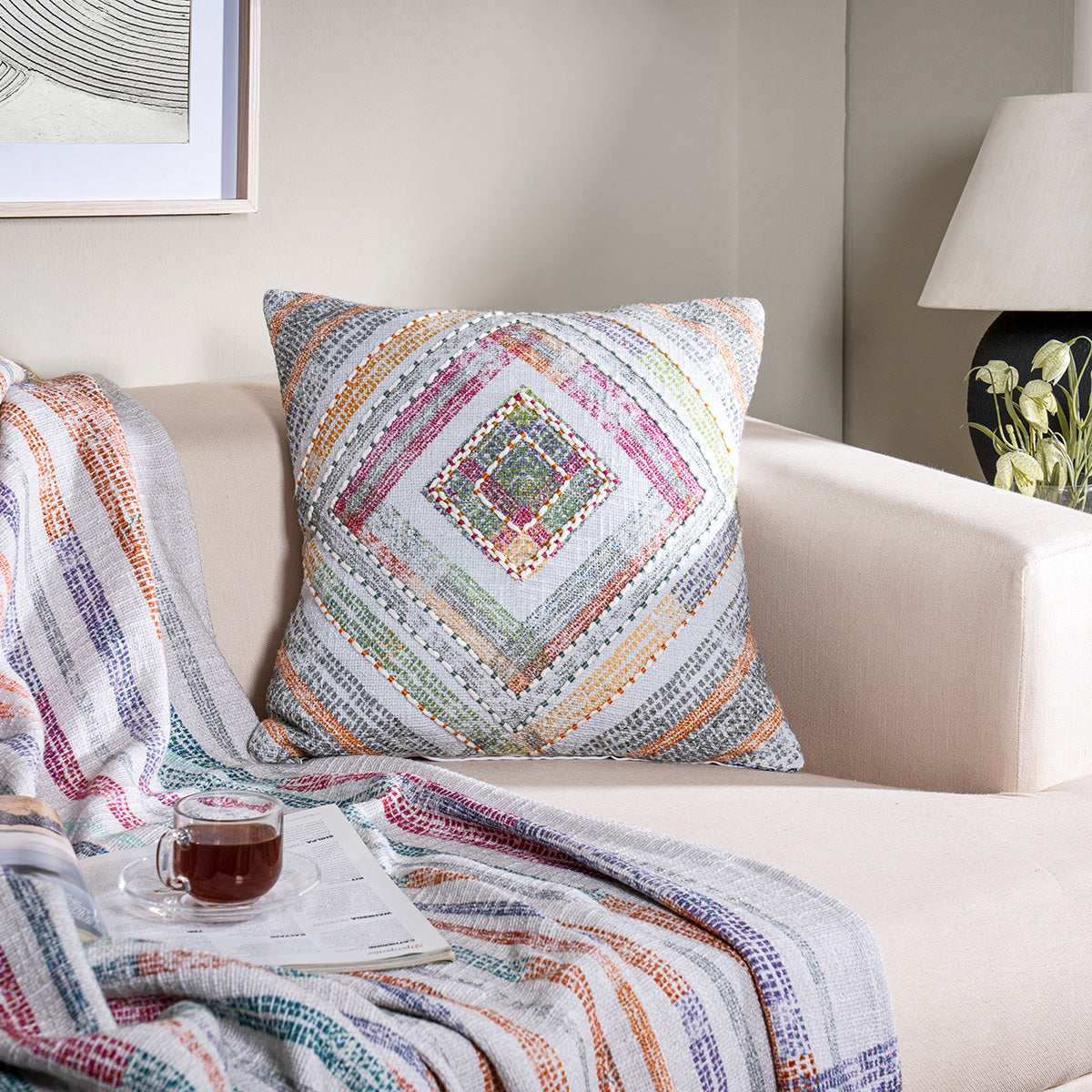 Eclectic Geo Rhombus Woven/Digital Print 100% Cotton Grey Cushion Cover