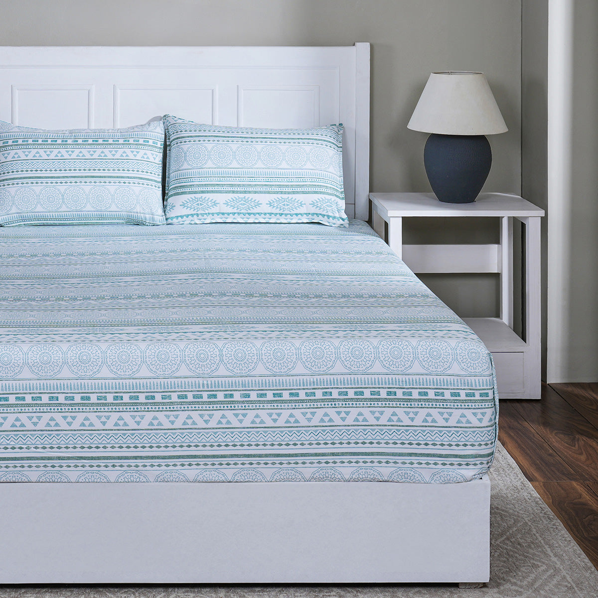 Hermosa Sensory Bloom Lennon 100% Cotton Printed Fitted Sheet with Pillow Case Blue