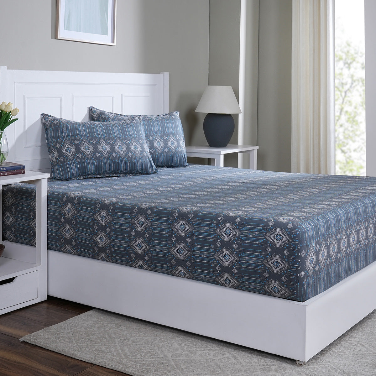 Hermosa Sensory Bloom 100% Cotton Printed Fitted Sheet with Pillow Case Blue