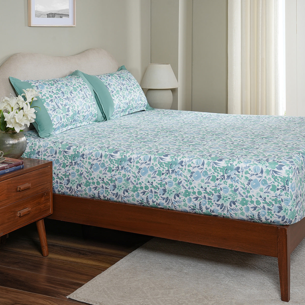 Sensory Bloom Zesty 100% Cotton Aqua Fitted Sheet with Pillow Case