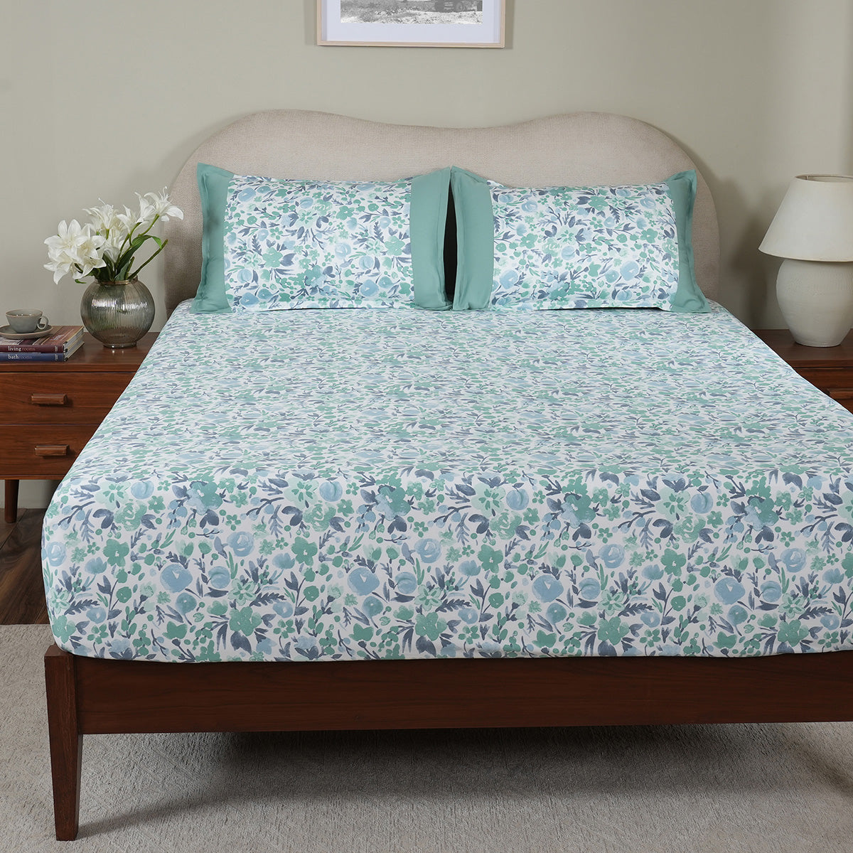 Sensory Bloom Zesty 100% Cotton Aqua Fitted Sheet with Pillow Case