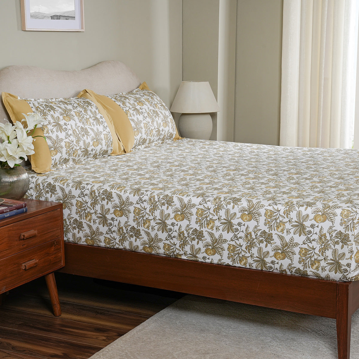 Sensory Bloom Fruity Foliage 100% Cotton Mustard Fitted Sheet with Pillow Case