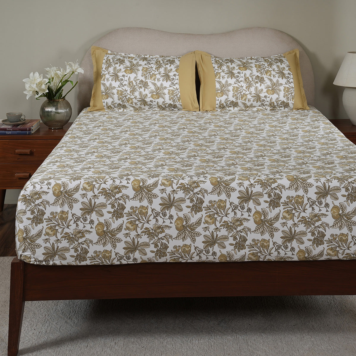 Sensory Bloom Fruity Foliage 100% Cotton Mustard Fitted Sheet with Pillow Case