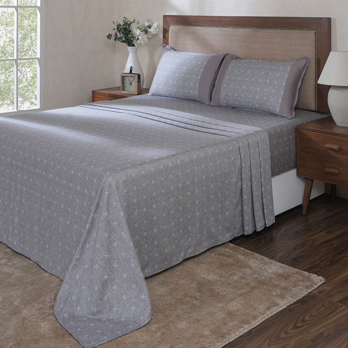 Hermosa Botanic Bloom Artisanal Aura 100% Cotton Printed Bedsheet with Pillow Case Grey