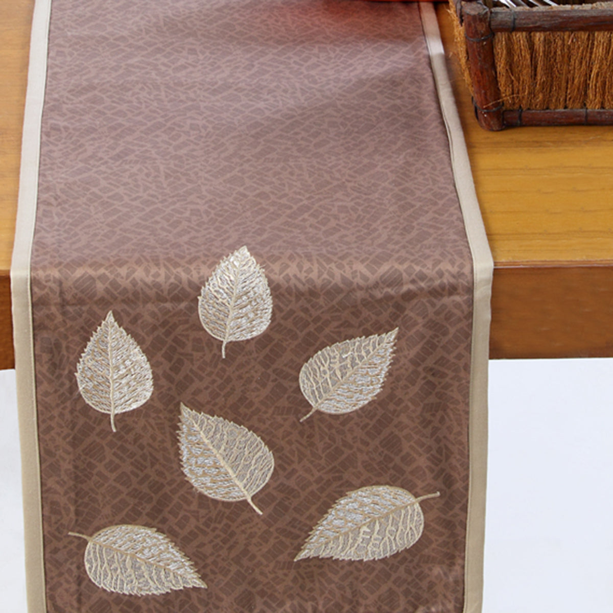 Maspar 6 Seater Leafy Texture 100% Cotton Printed and Hand Work Runner Brown