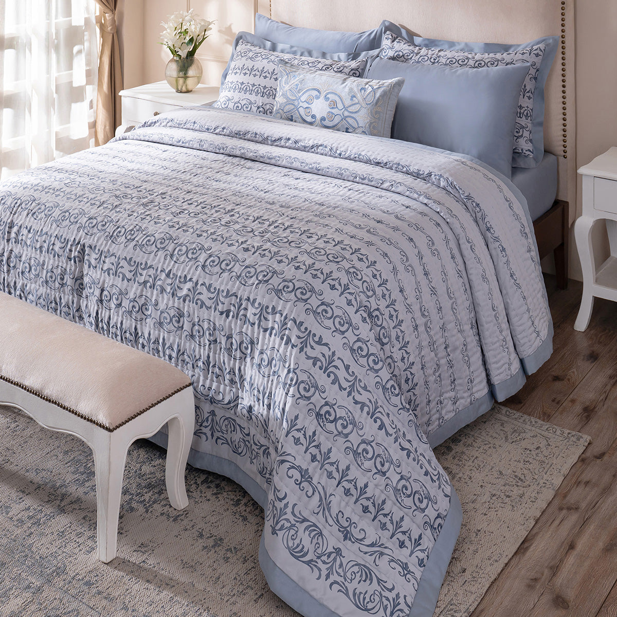 Ornamental Elegance Arabelle 100% Cotton 8Pcs Quilt/Qulited Bed Cover Set Blue