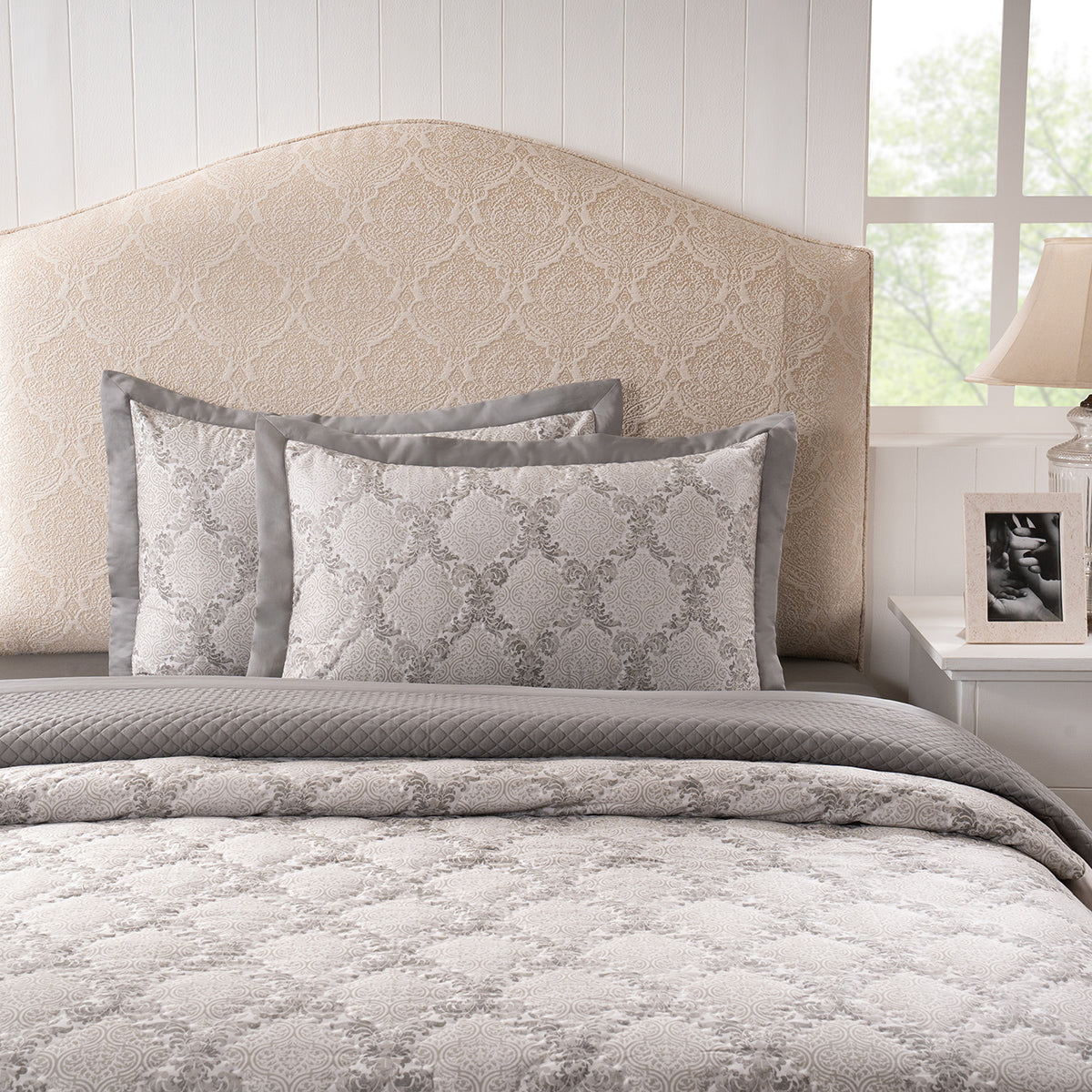 Pillow Sham Set 100% Cotton Grey Damascene Imperial Grace