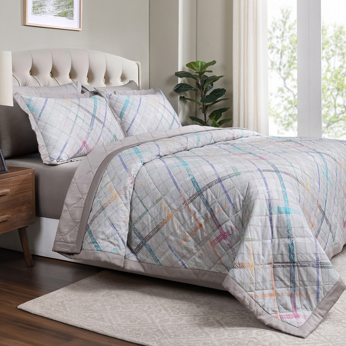 Eclectic Geo Rhombus Quilt/Quilted Bed Cover Grey
