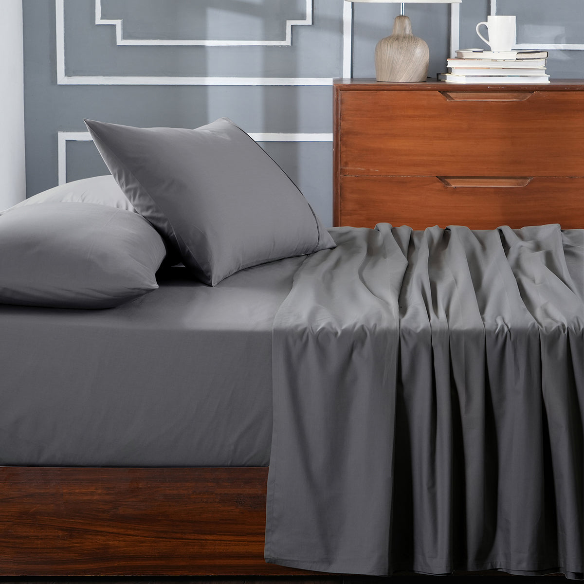 Slumber Plain Easy Care Percale 100% Cotton Steel Grey Crisp Bed Sheet with Pillow Case