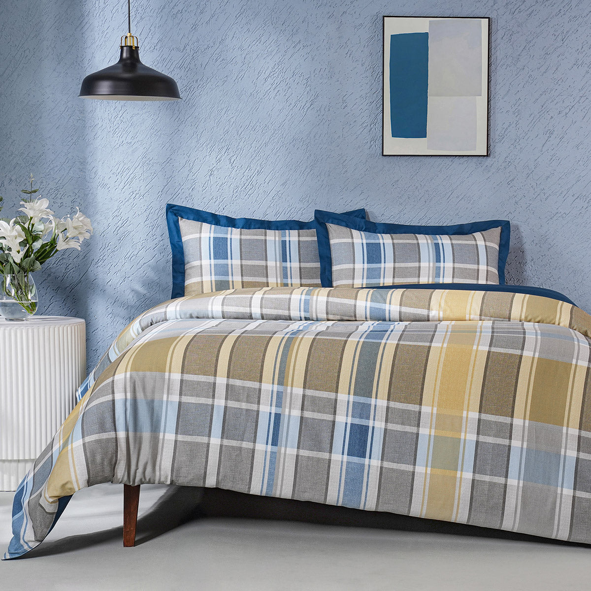 Whimsy Nature Vivid Plaid Woven 100% Cotton Blue Duvet Cover with Pillow Case