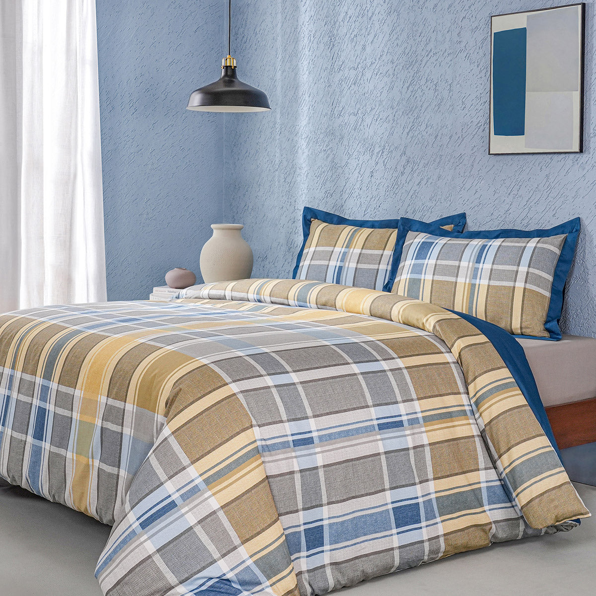 Whimsy Nature Vivid Plaid Woven 100% Cotton Blue Duvet Cover with Pillow Case