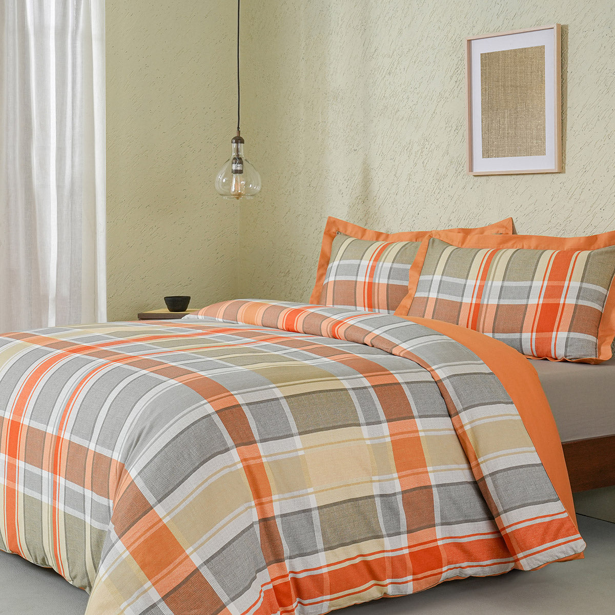 Whimsy Nature Vivid Plaid Woven 100% Cotton Rust Duvet Cover with Pillow Case