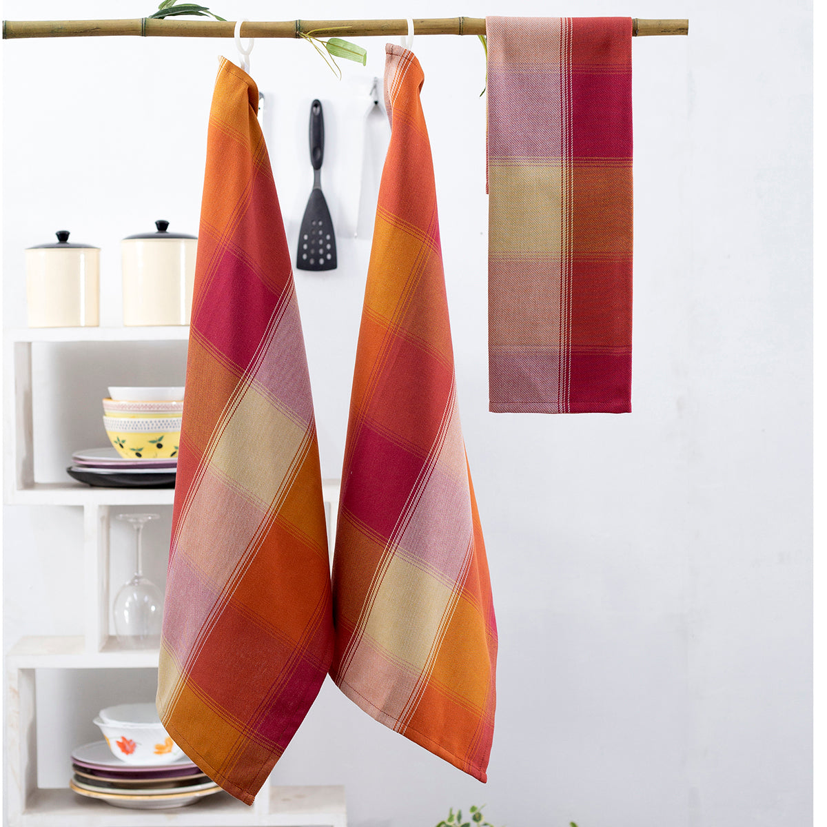 Herring Bone Plaid Red/Cream 3 Pc Towel