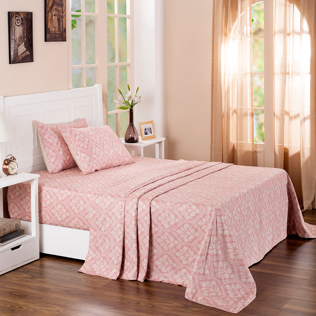 Folklore Transition Diamond Festivity Printed 100% Cotton Peach Ultra Soft Bed Sheet