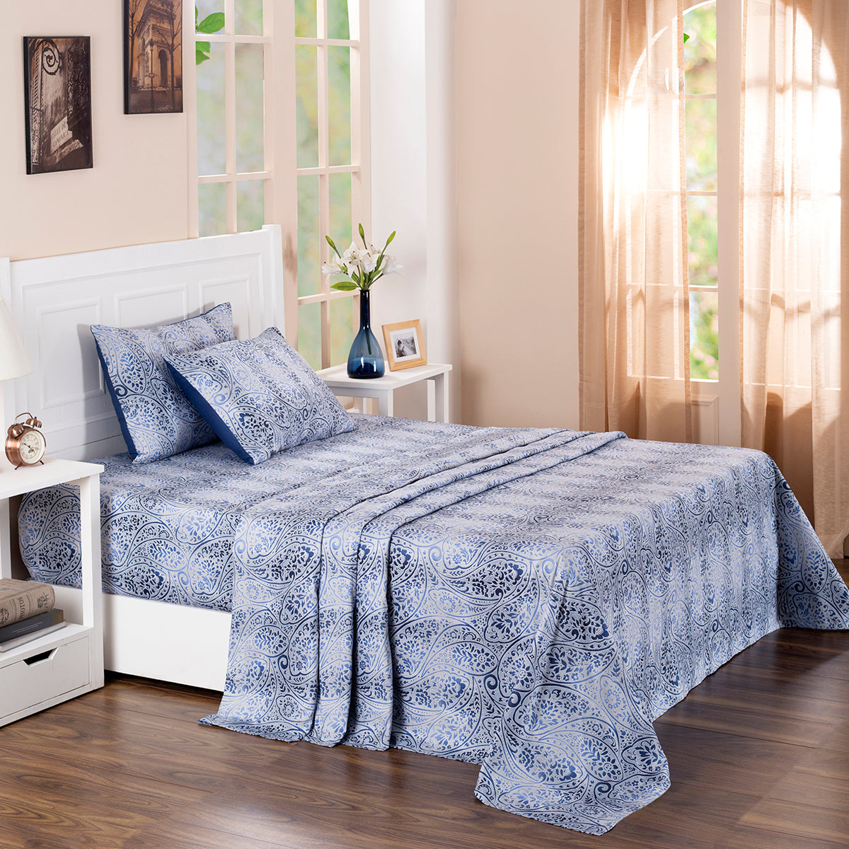 Folklore Transition Ombre Bonanza Printed 100% Cotton Blue Ultra Soft Bed Sheet