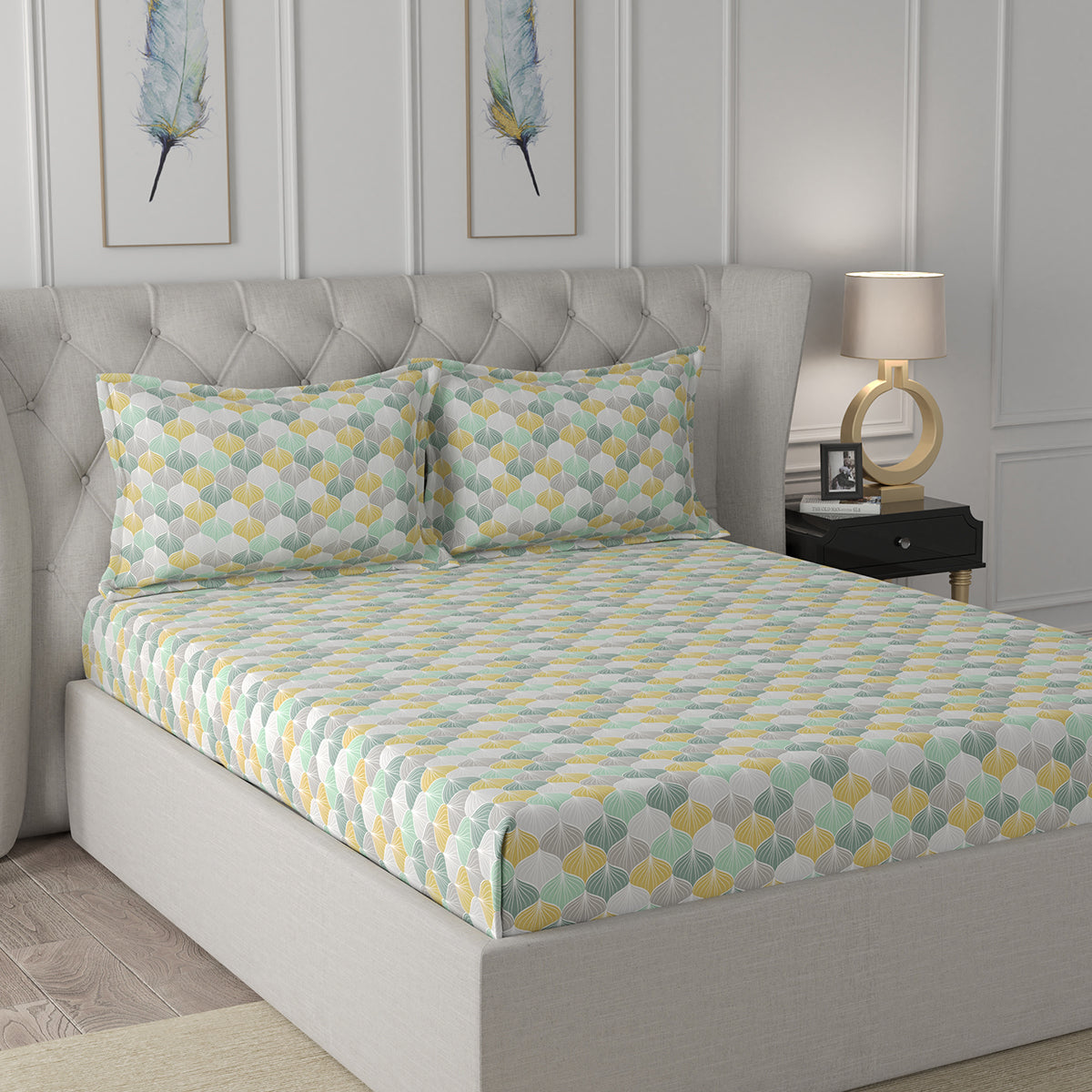 Florescence Boston Printed 100% Cotton Green Bed Sheet
