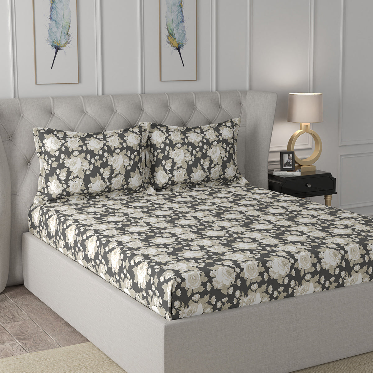 Florescence Rosalie Printed 100% Cotton Grey Bed Sheet