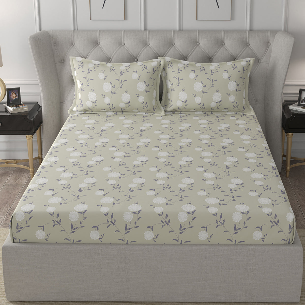 Florescence Chloe Printed 100% Cotton Beige Bed Sheet