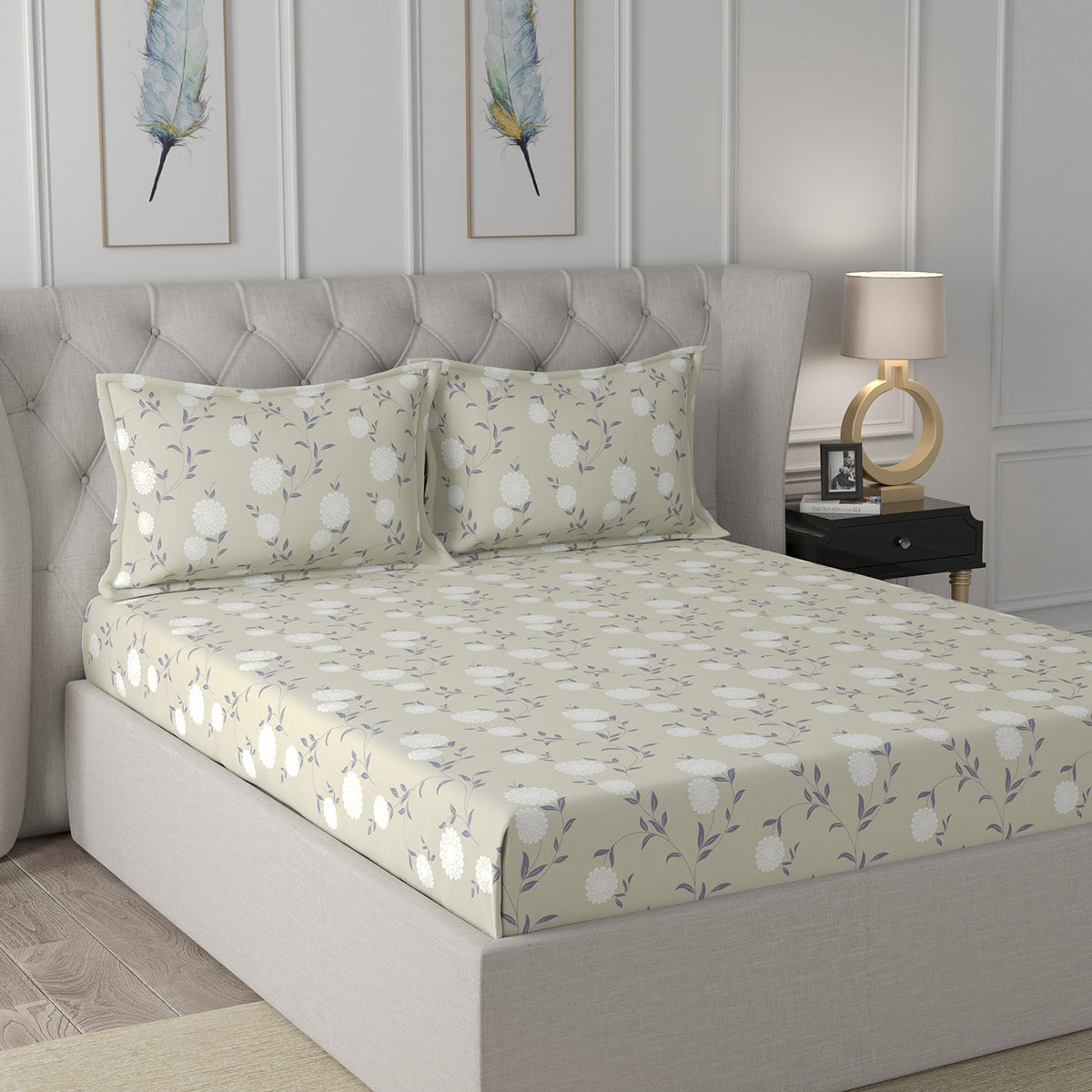 Florescence Chloe Printed 100% Cotton Beige Bed Sheet