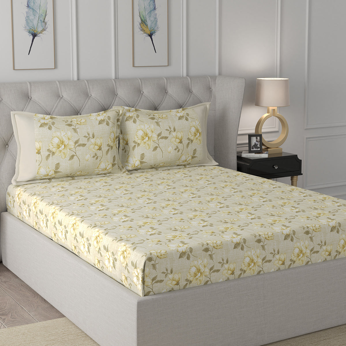 Florescence Caron Printed 100% Cotton Neutral Bed Sheet