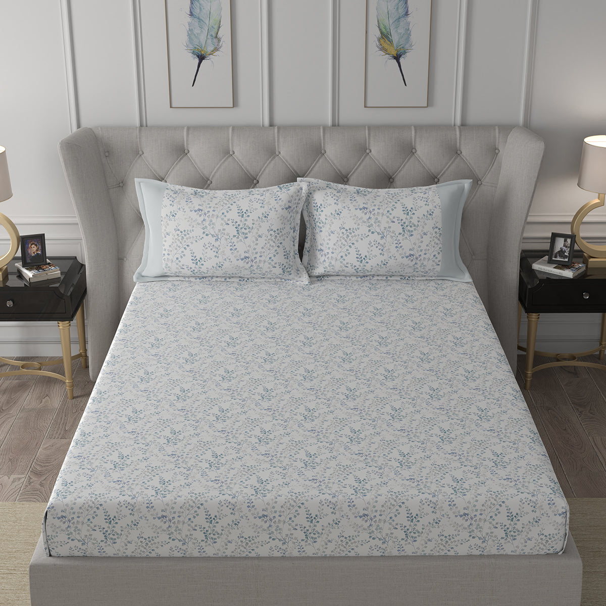 Hermosa Exotic Bouquet Foliage Blue Bed Sheet with Pillow Case