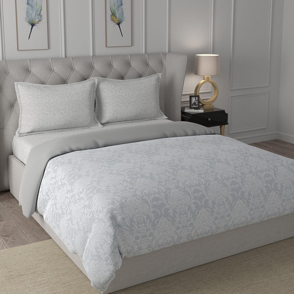 Hermosa Exotic Bouquet Damask Floral Grey Quilt