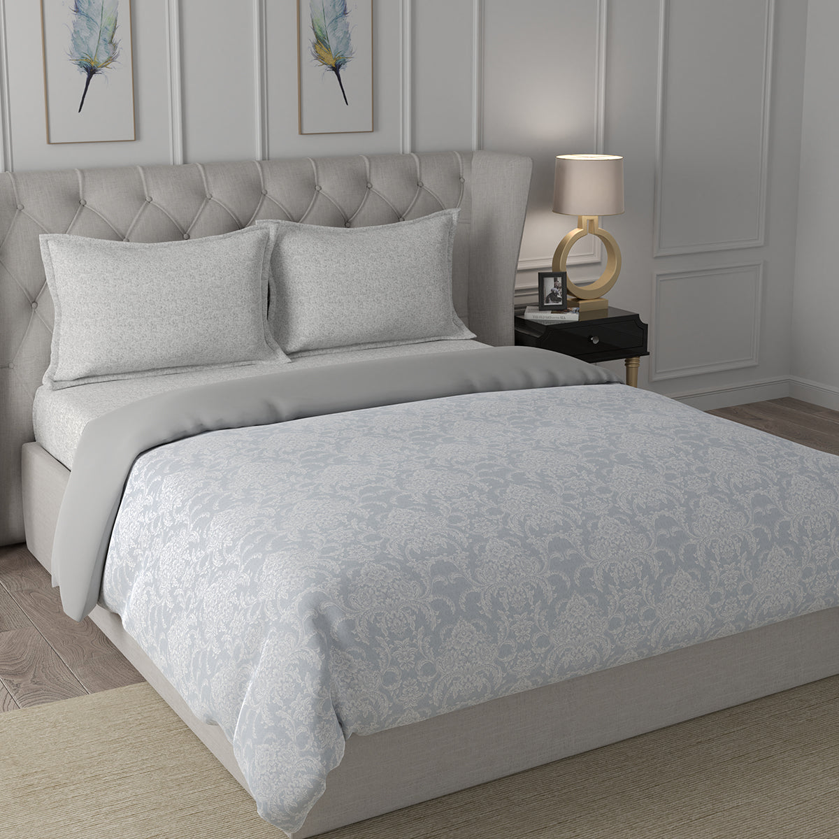 Hermosa Exotic Bouquet Damask Floral Grey 4 Pc Quilt/Quilted Bed Cover Set