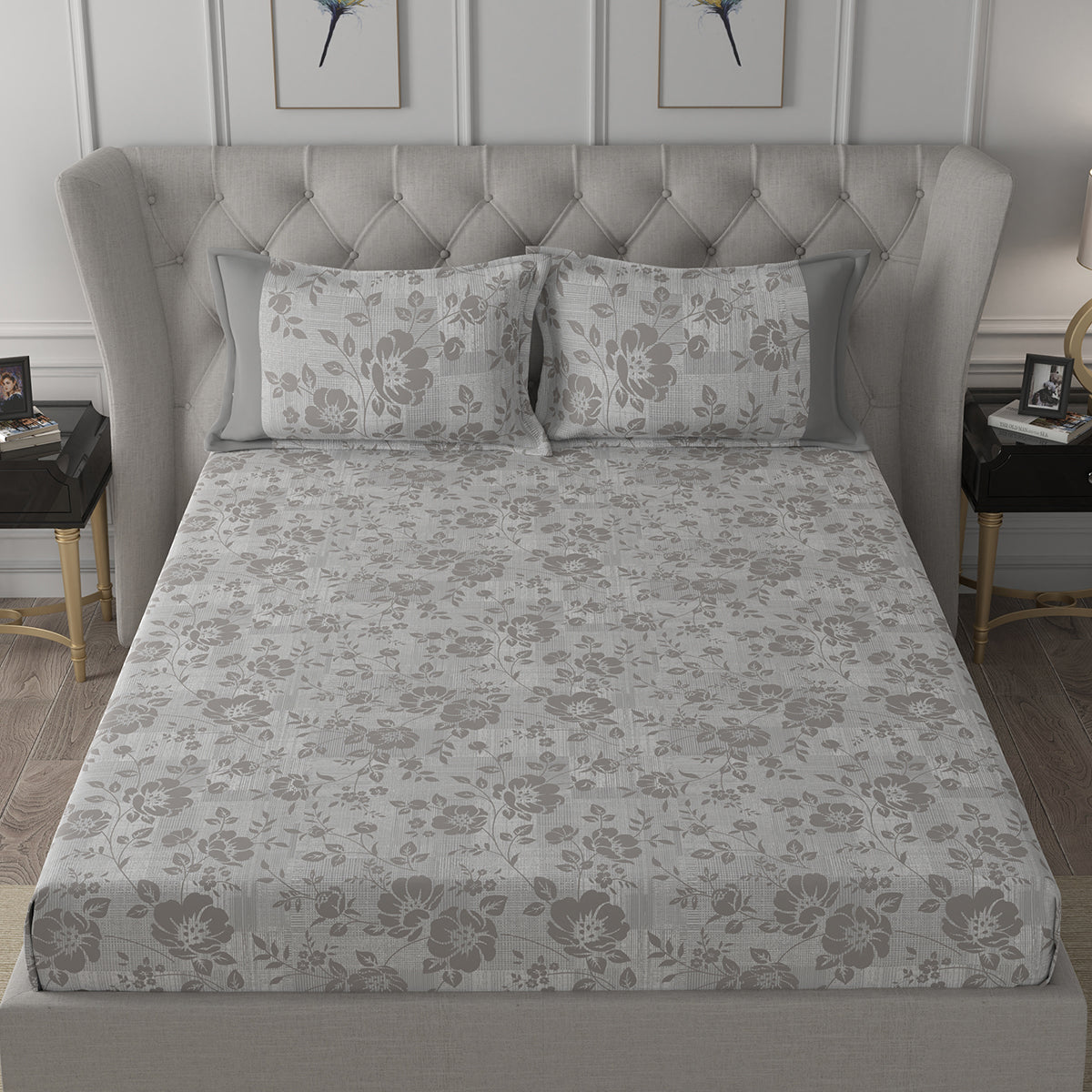 Backyard Patio Textured Floral Printed 100%Cotton Brown Bed Sheet with Pillow Covers