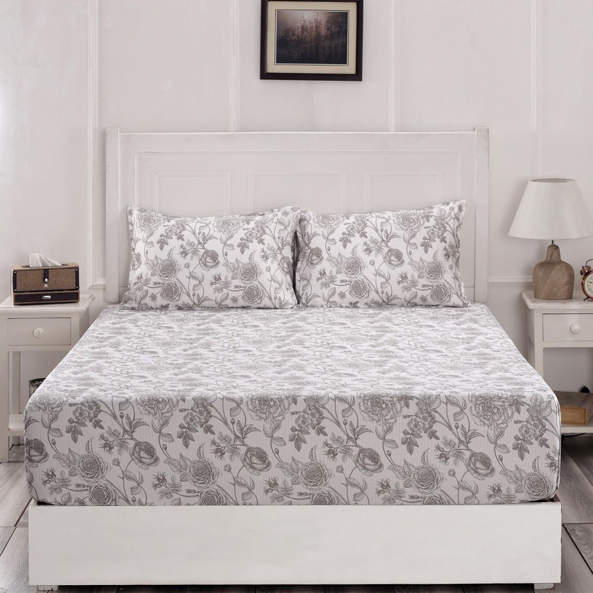 Blossom Couture Emma Print Brown Fitted Sheet With Pillow Covers
