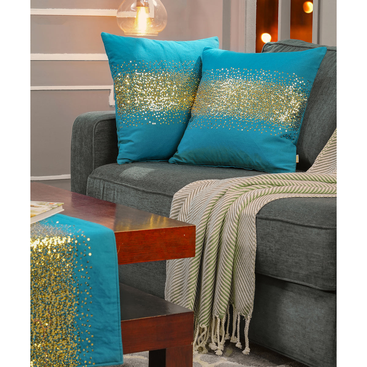 Buy Dazzle Glance Embroidery Teal 2PC Cushion Cover Set With Box
