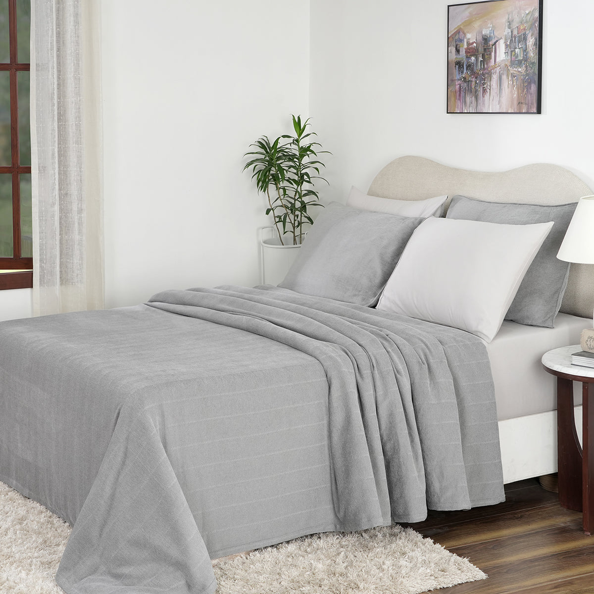 Caroline Woven Herringbone Pattern with Soft Drape Style Grey Bed Cover Blanket